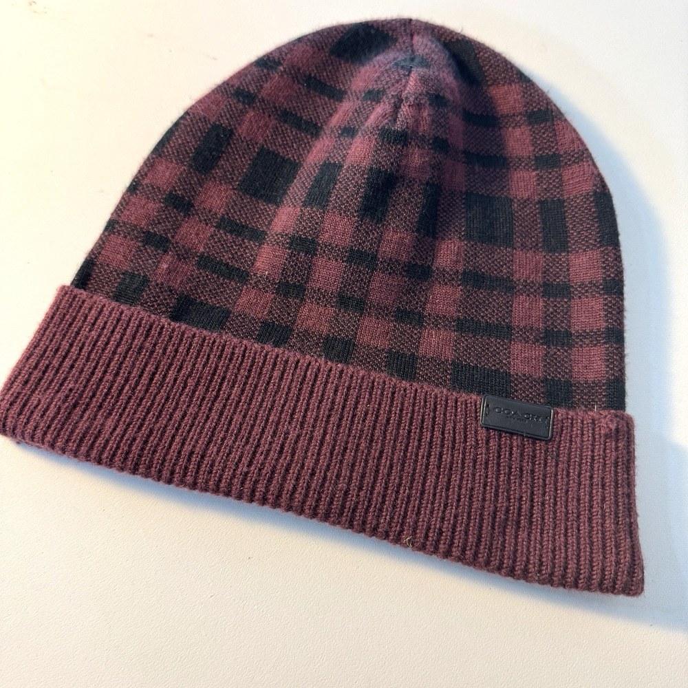 Coach Wool Blend Plaid Oxblood Red Beanie Women's One Size Preppy Warm Soft